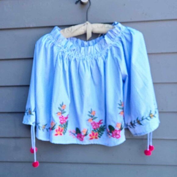 LUSH Blue White Stripe With Floral Embroidery Off Shoulder Top Small - Picture 1 of 8